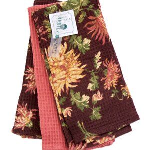 April Cornell 3 Pc. Cotton Kitchen Tea Towel Set Chrysanthemums Mums Waffle